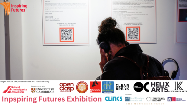 The image shows a person wearing earphones and a all the logos of the Inspiring Futures partners and funders
